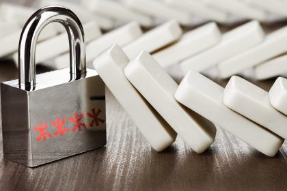 padlock standing still reliability concept on wooden table